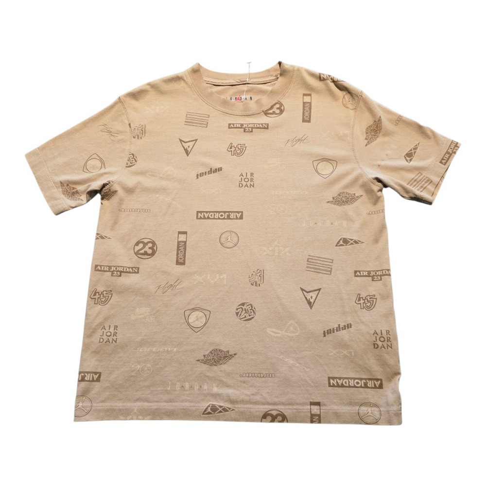 Jordan Brand‎ All Over Print Logo T Shirt Tan Loose Fit Women Size Small Cotton